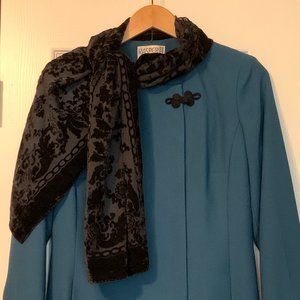 🎉HP🎉VTG Kasper Petite Sz 8 Green Coat Dress Velvet Cuffs, Scarf, Frog Closure